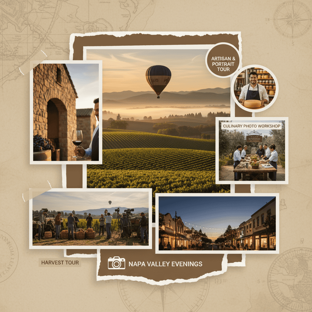Collage of photography tour options in Napa Valley featuring the best Napa tour selection