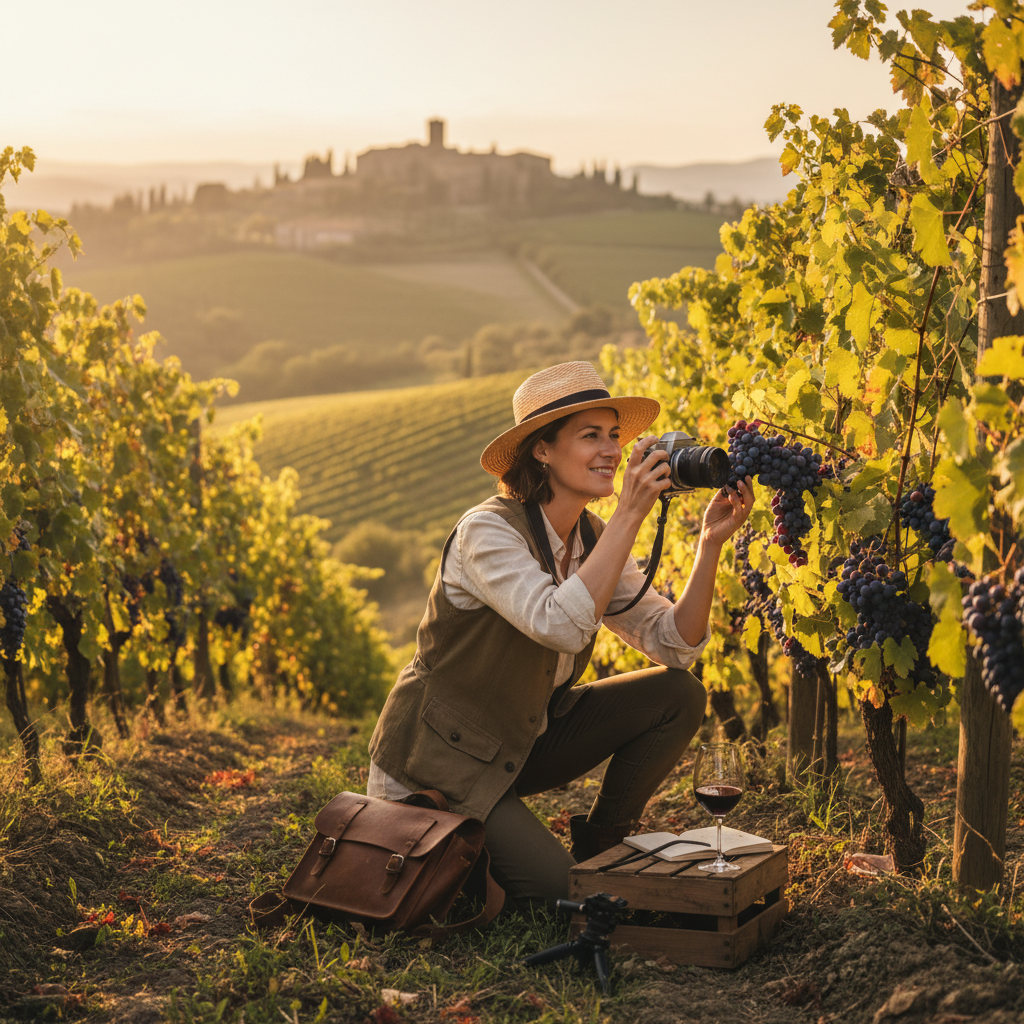 A photographer enjoying a peaceful moment in a vineyard