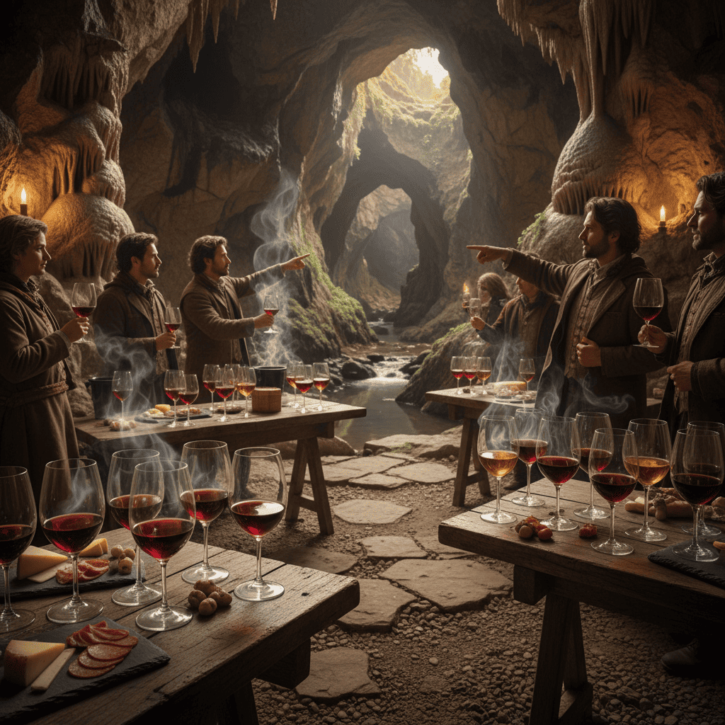Sensory cave wine tasting experience with glasses and cave views