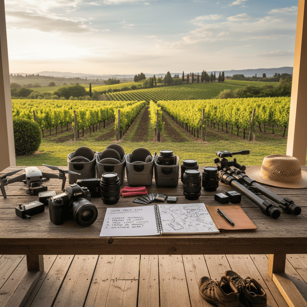 Photography equipment laid out with the best Napa tour selection of vineyards in the background